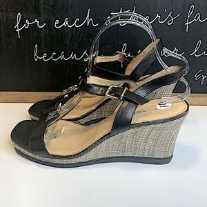 Antonio Melani Black Suede Slingback T-Strap Cork Wedge Heels - 10M